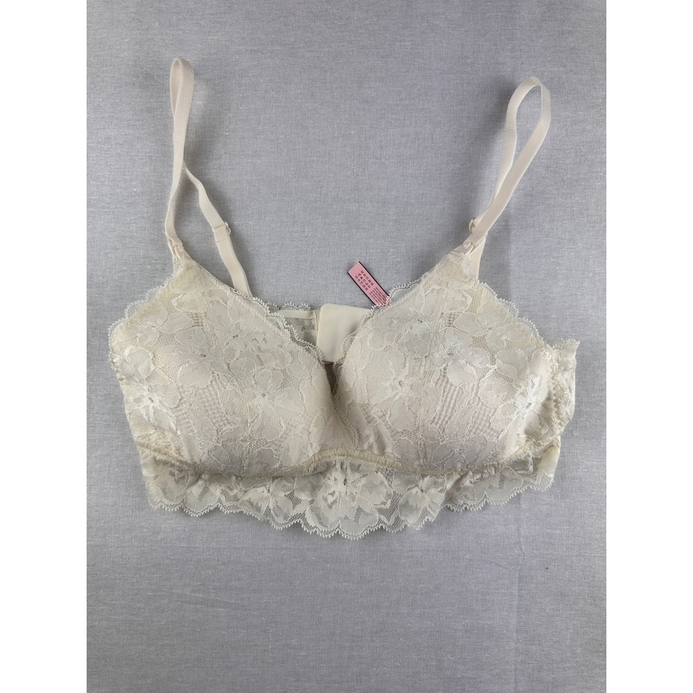Momanda Ivory Floral Lace Wire-Free Bralette Cream‎ Longline Bra Size M